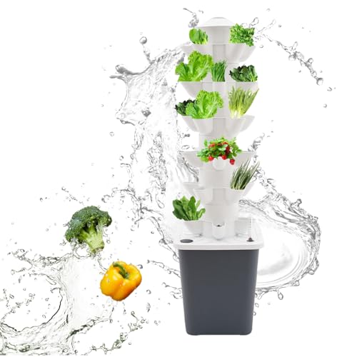 30 Pods Hydroponics Tower Garden Hydroponic Growing System, 6 Etagen Hydroponics Vertical Growing Kit, Aeroponik-Turm mit Hydratisierungspumpe, Timer, Adapter, Saatbett und Netztöpfen (Grau) von HUSPOO