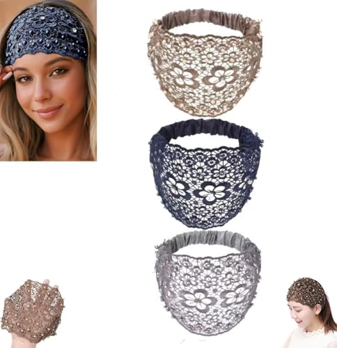 3-teiliges Set mit breiten Stirnbändern im Boho-Stil mit Kristall- und Perlenverzierung, Stirnbänder for Damen, Spitzenstirnband, for Frauen und Mädchen, Yoga, Training, Fitnessstudio, Laufen(Noise C) 3-teiliges Set mit breiten Stirnbändern im Boho-Stil mit Kristall- und Perlenverzierung, Stirnbänder for Damen, Spitzenstirnband, for Frauen und Mädchen, Yoga, Training, Fitnessstudio, Laufen(Noise C) von HUTRADE
