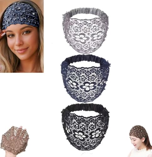 3-teiliges Set mit breiten Stirnbändern im Boho-Stil mit Kristall- und Perlenverzierung, Stirnbänder for Damen, Spitzenstirnband, for Frauen und Mädchen, Yoga, Training, Fitnessstudio, Laufen(Noise B) 3-teiliges Set mit breiten Stirnbändern im Boho-Stil mit Kristall- und Perlenverzierung, Stirnbänder for Damen, Spitzenstirnband, for Frauen und Mädchen, Yoga, Training, Fitnessstudio, Laufen(Noise B) von HUTRADE