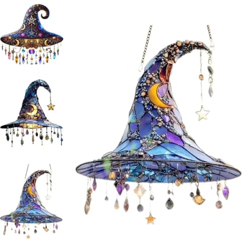 Mondlicht-Hexen-Lichtfänger, Halloween-Hexenhut-Design, hängendes Ornament, 2D-magisches Hexenhut-Design, hängender Hexenfenster-Sonnenfänger, for Freunde und Familie(Magic hat B) von HUTRADE