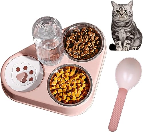 HUTVD Katzennäpfe Katzenschüssel Set, 3 in 1 Katzennapf aus Edelstahl, Fressnapf Katze Wasserschale mit Schaufel, Doppelter Futternapf mit Automatischer Wasserflasche für Hunde und Katzen (Rosa) von HUTVD