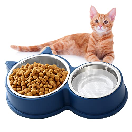 HUTVD Katzennäpfe Katzenschüssel Set, 30cm Edelstahl Doppel Napf, rutschfeste Katzennapf aus Edelstahl, Fressnapf Katze Wasserschale, Katzennapf erhöht Näpfe und Tränken für Haustier（Blau） von HUTVD