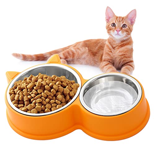 HUTVD Katzennäpfe Katzenschüssel Set, 30cm Edelstahl Doppel Napf, rutschfeste Katzennapf aus Edelstahl, Fressnapf Katze Wasserschale, Katzennapf erhöht Näpfe und Tränken für Haustier（Gelb） von HUTVD