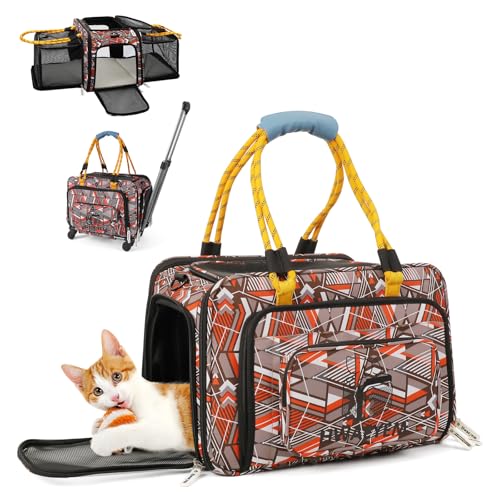 Katzentransportbox Transporttasche mit Rollen Kleine Hund Kleine und Mittelgroße Kleintiere Transportboxen für Flugzeug Haustiere Reisen Wagen Rollen mit Teleskopgriff Schultergurt Abnehmbare Räder von HWAEYEM
