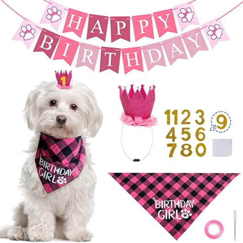 Hunde-Geburtstags-Halstuch und Mützen-Set, Hunde-Mädchen-Halstuch, karierter Dreieck-Schal, Happy Birthday-Banner, Party-Zubehör für Hunde von HWOLPEMS
