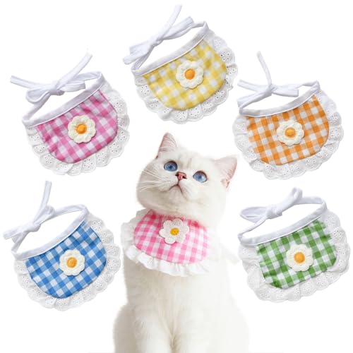 Niedliche Spitzen-Haustier-Lätzchen, süßes kariertes Blumen-Halstuch, Hunde-Schal, Baumwollsp-Handtuch für Katzen, Kätzchen, kleine, mittelgroße Hunde, Welpen, 5 Stück Niedliche Spitzen-Haustier-Lätzchen, süßes kariertes Blumen-Halstuch, Hunde-Schal, Baumwollsp-Handtuch für Katzen, Kätzchen, kleine, mittelgroße Hunde, Welpen, 5 Stück von HWOLPEMS