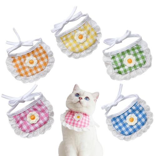 Niedliches Spitzen-Haustier-Lätzchen, süßes kariertes Blumen-, Katzen-Halstuch, Hundeschals, Baumwoll-Speichel-Handtuch für kleine, mittelgroße Hunde, Welpen, Katzen, Kätzchen, 5 Stück Niedliches Spitzen-Haustier-Lätzchen, süßes kariertes Blumen-, Katzen-Halstuch, Hundeschals, Baumwoll-Speichel-Handtuch für kleine, mittelgroße Hunde, Welpen, Katzen, Kätzchen, 5 Stück von HWOLPEMS