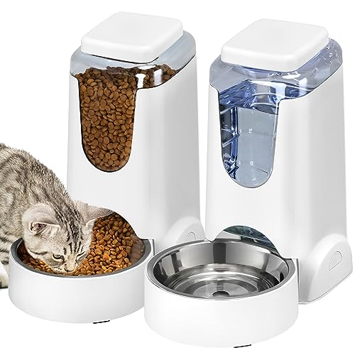 Automatischer Katzen-Futterspender und Wasserspender mit Edelstahl-Hundenapf, Schwerkraft-Selbstfütterung für kleine, mittelgroße Haustiere, Welpen, Kätzchen, 3,5 l x 2 (weiß), 2 Stück von HWONMTE