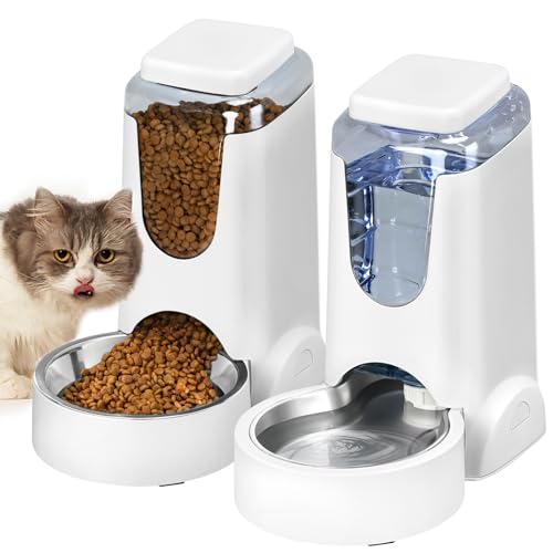 Automatischer Katzen-Futterspender und Wasserspender mit Edelstahlnapf, Schwerkraft-Futterspender und Bewässerung, für kleine, mittelgroße Haustiere, Welpen, Kätzchen, 1 Gallone x 2 Automatischer Katzen-Futterspender und Wasserspender mit Edelstahlnapf, Schwerkraft-Futterspender und Bewässerung, für kleine, mittelgroße Haustiere, Welpen, Kätzchen, 1 Gallone x 2 von HWONMTE