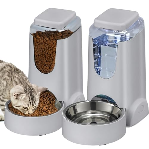 Automatischer Katzenfutterspender und Wasserspender mit Edelstahl-Hundenapf, Schwerkraft-Selbstfütterung für kleine, mittelgroße Haustiere, Welpen, Kätzchen, 3,5 l x 2 (grau) von HWONMTE