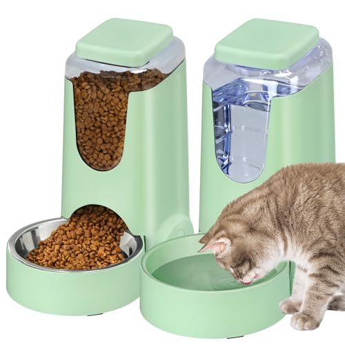 Automatischer Katzenfutterspender und Wasserspender mit Edelstahlnapf, Grün, 2 Stück von HWONMTE