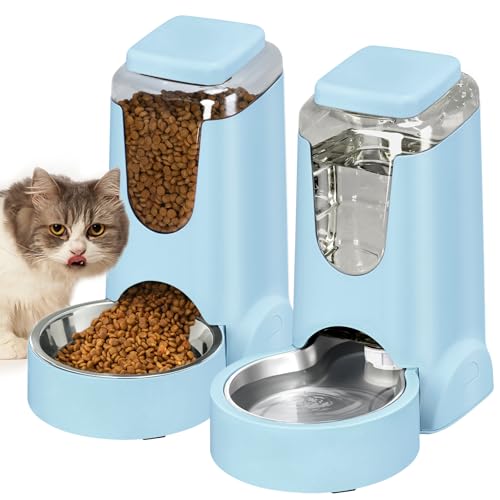 Tragbarer automatischer Katzenfutterspender und Wasserspender mit Edelstahlnapf, Schwerkraft-Futterspender und Bewässerung, für kleine, mittelgroße Haustiere, Welpen, Kätzchen, 3,8 l x 2 (Hellblau Tragbarer automatischer Katzenfutterspender und Wasserspender mit Edelstahlnapf, Schwerkraft-Futterspender und Bewässerung, für kleine, mittelgroße Haustiere, Welpen, Kätzchen, 3,8 l x 2 (Hellblau von HWONMTE