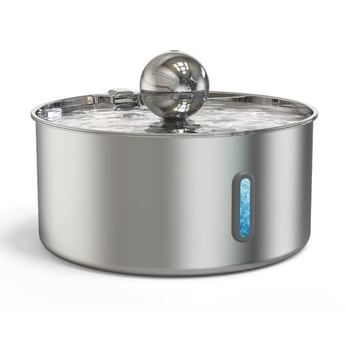 Edelstahl 7L Trinkbrunnen für Katze und Hunde，Edelstahl Hundebrunnen mit 5-Schicht Filtration und LED -Licht，Ultraleiser Pumpe mit Überlastschutz für große Hunde/Mehrere Katzen, mit 3 Filter von HXC-BLG
