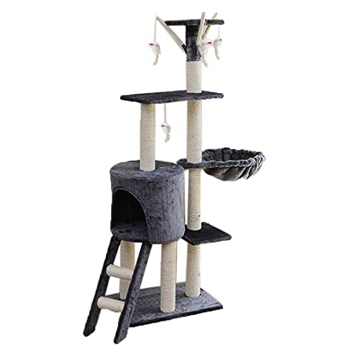 Katzenbaumturm, multifunktionaler Katzenbaumturm, Katzenklettergerüst mit hängendem Nest und Kleiner Leiter, damit Katzen Sich ausruhen und schlafen können (Farbe: Grau) von HXFFXHF