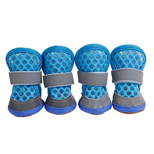 HXHON 4 Stück Hundeschuhe Pfotenschutz Indoor Outdoor Stiefel Haustier Mesh Atmungsaktive Schuhe mit zwei reflektierenden Befestigungsbändern und rutschfester Sohle (2#, Blau) von HXHON