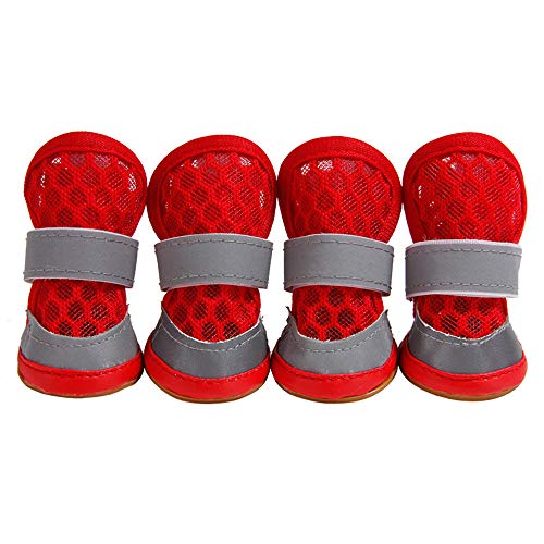 HXHON 4 Stück Hundeschuhe Pfotenschutz Indoor Outdoor Stiefel Haustier Mesh Atmungsaktive Schuhe mit zwei reflektierenden Befestigungsbändern und rutschfester Sohle (2#, Rot) von HXHON