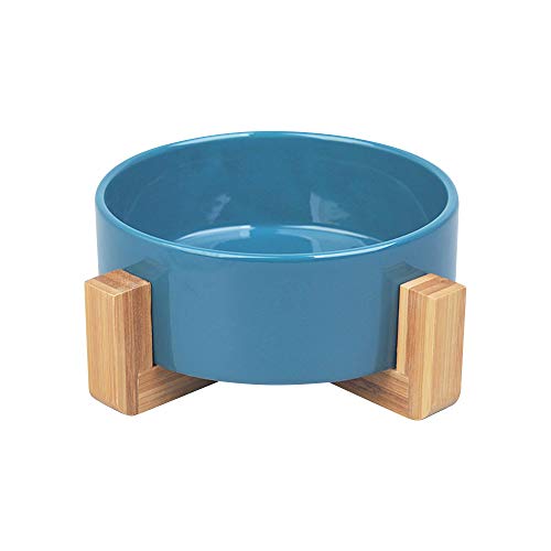 HXHON Keramik Hundenapf mit rutschfestem Holzständer, langlebig, stabil, Haustier Hund Katze Futternapf Wassernapf (blau) von IHONYI