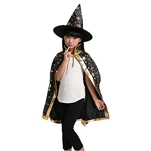 HXHON Kinder Halloween Umhang Pentagramm Zauberer Umhang Umhang mit Hut Party Verkleidung Kostüm Cosplay Anzug (schwarz) von HXHON