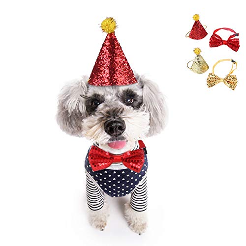 Hunde-Geburtstags-Hut und Fliege mit Pailletten-Set, Weihnachts-Haustier-Kopfbedeckung für Mini-Doggy Cat Party Haar-Accessoires Haustier-Stirnband + Schleife (rot) von HXHON