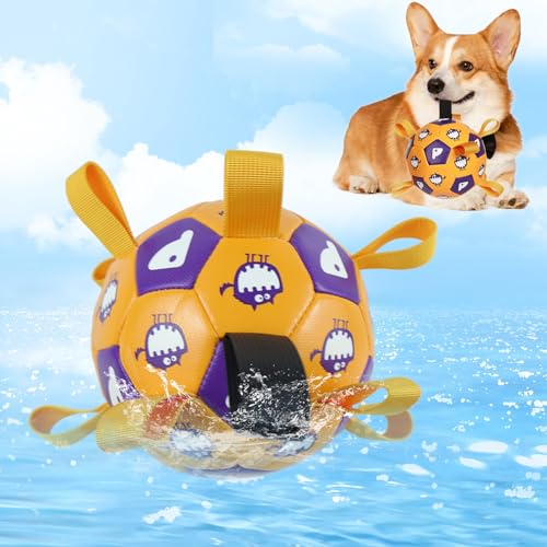 HXQQWXY Spielzeug-Fußball mit Riemen, interaktives Hundespielzeug mit Inflator und 2 Nadeln, wasserdicht, wiederverwendbar, langlebig, für drinnen und draußen, 15,2 cm, Gelb von HXQQWXY