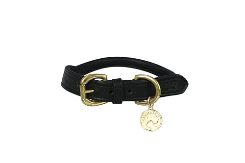 Benji & Flo Hundehalsband aus gerolltem Leder, Größe XS, Schwarz/Messing von HY EQUESTRIAN