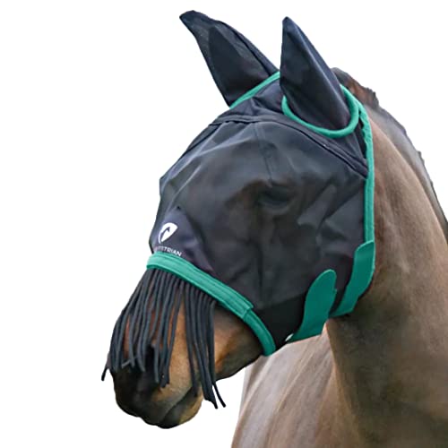 Hy Netzgewebe Fliegenmaske für Pferde mit Fransen für Ohren und Nase (Pony Nano) (Schwarz, Teeblatt), Schwarz, Teeblatt, Pony Nano von HY