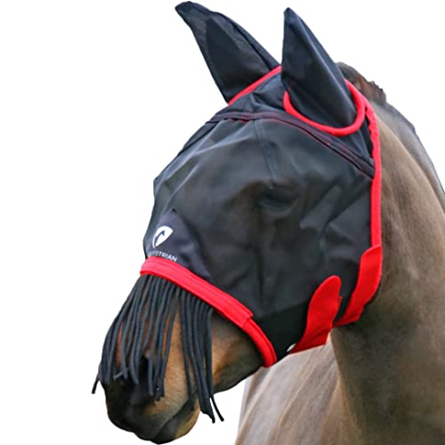 Hy - Fliegenmaske mit Ohren und Fransen an der Schnauze aus Mesh (voll) (schwarz, rot) von HY