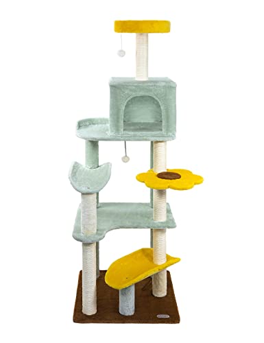 HYABi 65.5 inch Sunflower Cat Tree Tower Condo Furniture Apartment Plush Habitat Kitten Amusement Platform with Scratch Posts Toy Ball Pet House Play(Large 65.5" H) von HYABI