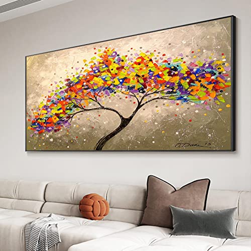 HYFBH Abstrakter Rahmen, Wandkunst, Leinwandgemälde, bunter Baum, Poster, Drucke, Landschaft, Wandkunst, Bild für Wohnzimmer-Dekoration, 55 x 110 cm/22 x 43 Zoll, mit Rahmen von HYFBH