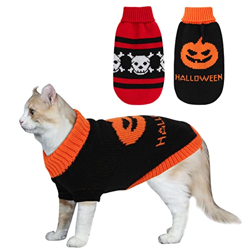 HYLYUN 2 Stück Katzenpullover Halloween Haustier Hund Pullover, klassischer Kürbis & Totenkopf, gestrickte Hoodies, warme Pullover-Kleidung für Katzen, Welpen, Halloween-Kostüme von HYLYUN