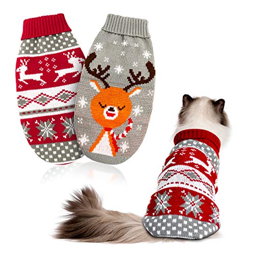 HYLYUN 2 Stück Weihnachts Katze Hunde Pullover, Klein Hundepullover Schneeflocken Rentier-Motiv Strickwaren, Wintermantel Warmhalten Katze Weihnachten Kostüm für Katze Klein Hunde von HYLYUN