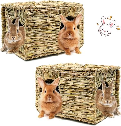 HYLYUN Extra großes Grashaus für Kaninchen, handgefertigt, Naturgras, faltbar, mit Öffnungen, Spielhaus für Kaninchen, Meerschweinchen, Chinchilla, Frettchen zum Spielen und Schlafen (2er-Pack) von HYLYUN