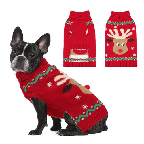 HYLYUN Weihnachtspullover für Hunde, Rentier, Schneeflocke, Weihnachts-Hunde-Outfits mit Loch für die Leine, klassischer Rollkragenpullover für mittelgroße Hunde (Größe S) von HYLYUN