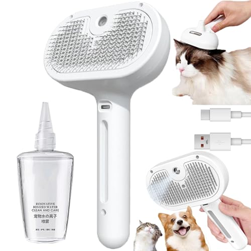 HYPYXUS Chevaroo Katzen-Dampfbürste, Sprüh-Haustierbürste, 3-in-1-Dampfbürste für Haare und Fellpflege, wiederaufladbar, Katzenbadebürste, selbstreinigender Kamm zur Tierhaarentfernung (White) von HYPYXUS