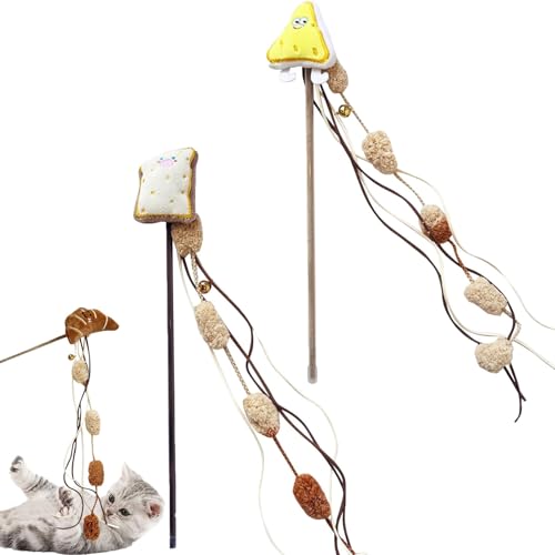 HYPYXUS Cat Fishing Pole Toy, Katzenteaser Zauberstab mit Glocken, interaktive Reaktionstraining -Hilfsmittel -Katzen -Katzenspielzeug und Übungsspiele, Schnurplüschspielzeug für Innenkatzen (2PCS-D) von HYPYXUS