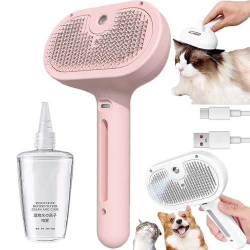 HYPYXUS Chevaroo Katzen-Dampfbürste, Sprüh-Haustierbürste, 3-in-1-Dampfbürste für Haare und Fellpflege, wiederaufladbar, Katzenbadebürste, selbstreinigender Kamm zur Tierhaarentfernung (Pink) von HYPYXUS