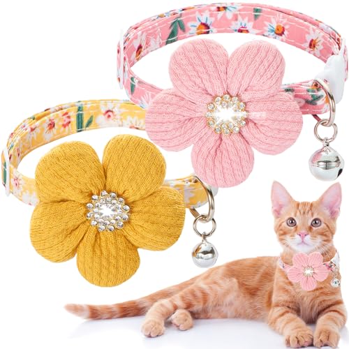 HYQHYX Katzenhalsband, Katzenhalsband mit Blume, Strass-Kätzchen-Halsband mit Glöckchen, florales Haustierhalsband mit Sicherheitsschnalle für Katzen und Welpen von HYQHYX
