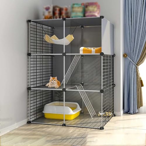 Katze Gehäuse Käfig, Katzenkäfig-Innengehege, Abnehmbarer DIY-Laufstall mit Rampenleiterbett, mehrere Größen(72x47x107cm) von HYQOUKLR