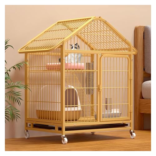 Katze Gehäuse Käfig, Zusammenklappbarer Katzenkäfig mit Universalrädern und Schlafunterlage, gelb, mehrere Größen for 1–3 Katzen(27.6x21.3x37.8in/70x54x96cm) von HYQOUKLR