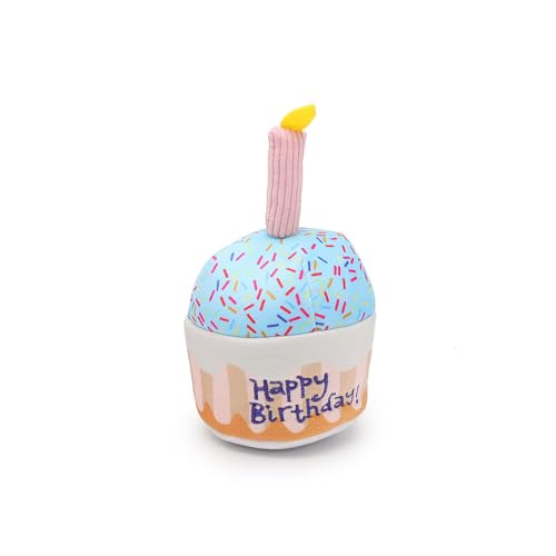 HYRSXN Kuchen-Hundespielzeug, Plüsch, Geburtstagstorte, for Spielen, interaktives Kauen, quietschendes, weiches Cupcake-Haustierspielzeug, Keine Füllung, Zahnreinigung(Blue Cake) von HYRSXN