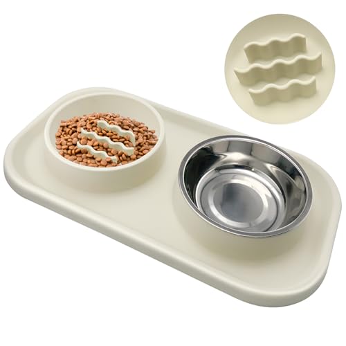 HYSHLC Langsame Fütterung Hundenapf, Hundenapf Edelstahl Katzenapf mit Rutschfesten Silikon Tablett Matte Anti Schling Interaktiver Hundenapf Schüssel Lebensmittel Wassernapf für Katze Hund(300+250ml) von HYSHLC