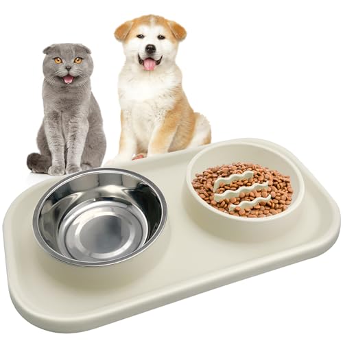 HYSHLC Langsame Fütterung Hundenapf, Hundenapf Edelstahl Katzenapf mit Rutschfesten Silikon Tablett Matte Anti Schling Interaktiver Hundenapf Schüssel Lebensmittel Wassernapf für Katze Hund(300+250ml) von HYSHLC