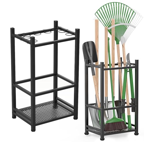 HYSHLC Gartenwerkzeug-Organizer für Garage, Gartengeräte Ständer Kohlenstoffstahl mit 9 Adjustable Holding Rings, Hof-Werkzeug-Organizer, Mehrzweck Besenhalter für Schuppen, Outdoor von HYSHLC