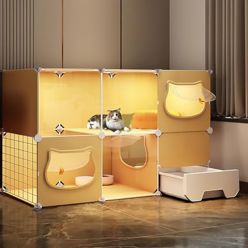 Innenkatze mit Katzentoilette, DIY -Katzen -Playpen abtrennbar, Panorama -transparente Katzengehäuse, Katzenzwinger, Frettchenkiste (Farbe: Gelb, Größe: 111x39x73cm) YYuan von HYSJDMNC