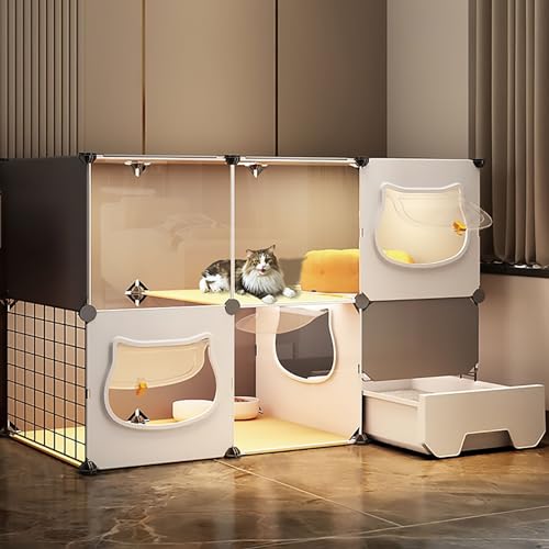 Innenkatze mit Katzentoilette, DIY -Katzen -Playpen abtrennbar, Panorama -transparente Katzengehäuse, Katzenzwinger, Frettchenkiste (Farbe: Grau, Größe: 111x39x73cm) YYuan von HYSJDMNC