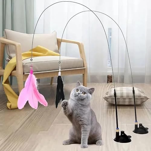 HYUIND Katzenspielzeug, Federstab, interaktives Spielzeug mit abnehmbarem Super-Saugnapf, 2 Stück Federersatz, Katzenzubehör(7,Powerful Suction Cup) von HYUIND