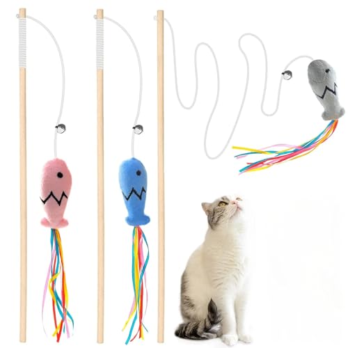 HYUIND Modisches Katzenspielzeug, natürlicher Katzen-Teaser-Zauberstab aus Holz for Katzen, interaktives Katzenspielzeug mit elastischer Schnur(3) von HYUIND