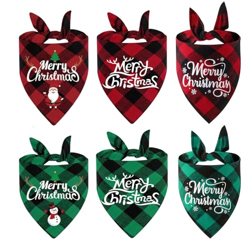 6 Stück Hundehalstuch Weihnachten, Dreieckige Bandanas für Hunde, Festliche Weihnachtsmuster in Rot und Grün, Ideal für Weihnachtsfotos und Feiern, Weiches Material für Haustiere von HYZSHL