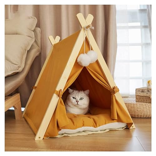 Massivholz-Katzen-Zelt mit dicker Matte, tragbares Hundehaus, Tipi-Zelt, niedliches Katzen-Tipi-Höhle, Katzenbett, Hundebett (orange) von HZYSHH