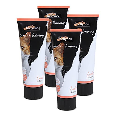 Hollydoo Snack & Training für Katzen Lachs in der Tube Premium Leckerlie getreidefrei glutenfrei zuckerfrei 300 gr. (4X 75 gr.) von HaGaFe